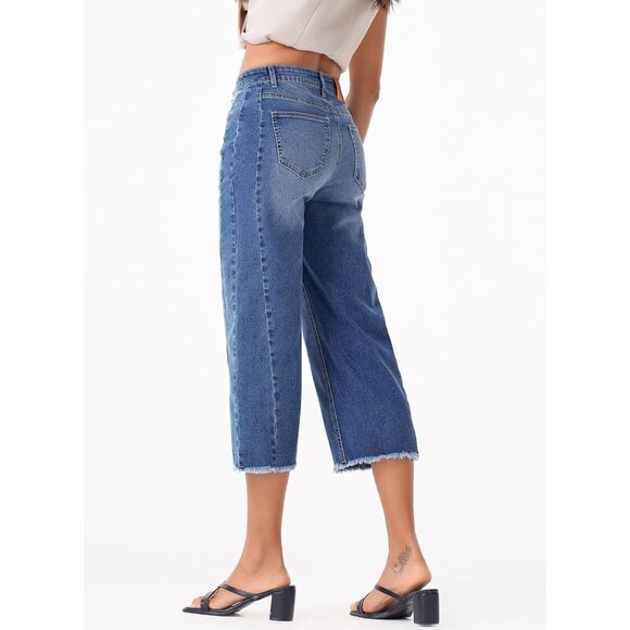 Women's High Waisted Wide Leg Capri Jeans Denim Raw Hem Side Seam Pants - Picture 2 of 9